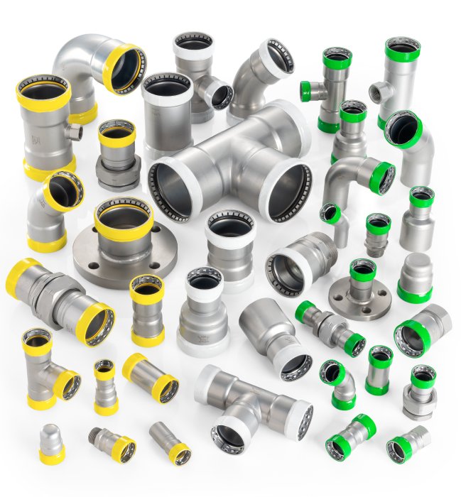 Carbon press fittings installed on carbon steel pipe.